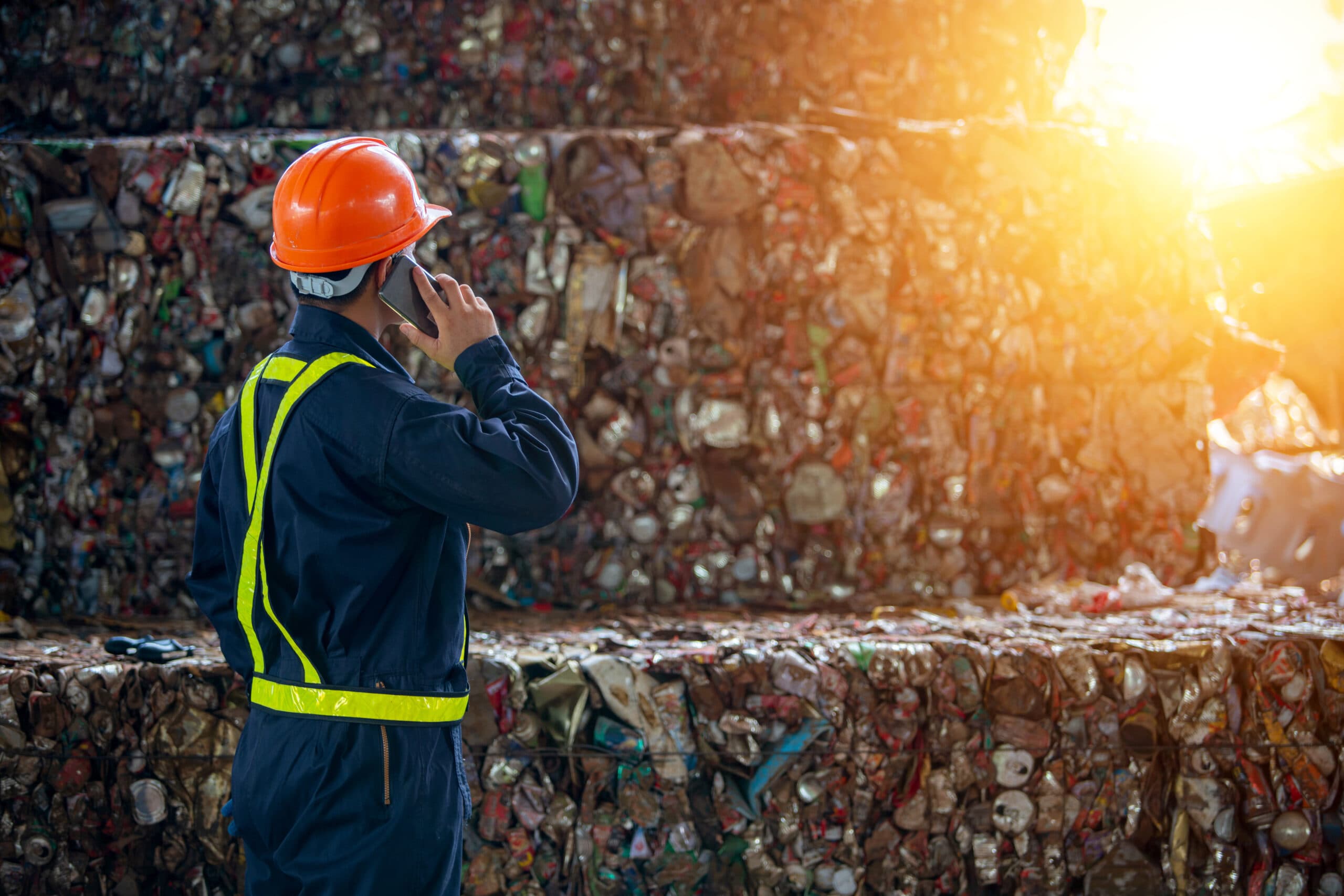 A man calling manager bottles pressed and packed for recycling